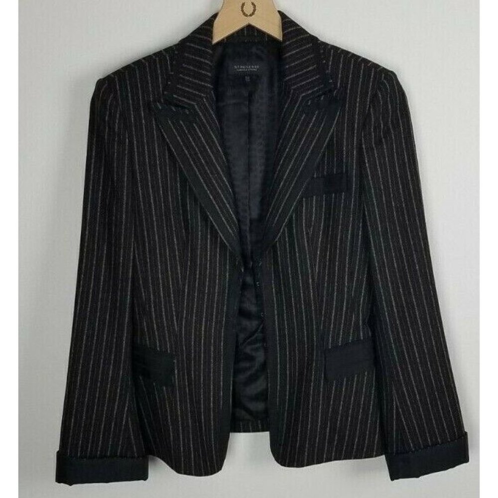 Strenesse Gabriele Strehle Sz. 4 Virgin Wool Stripe Black/Grey Ribbon Blazer